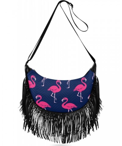 Pink Flamingo Tropical Animal Crossbody Bag for Women Fringe Shoulder Bag with Adjustable Strap $14.84 Crossbody Bags