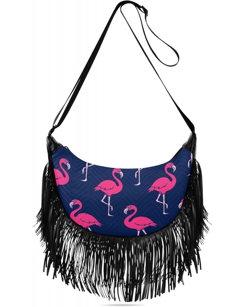 Pink Flamingo Tropical Animal Crossbody Bag for Women Fringe Shoulder Bag with Adjustable Strap $14.84 Crossbody Bags