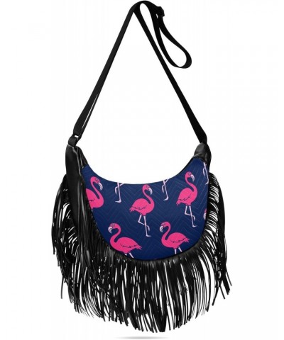 Pink Flamingo Tropical Animal Crossbody Bag for Women Fringe Shoulder Bag with Adjustable Strap $14.84 Crossbody Bags