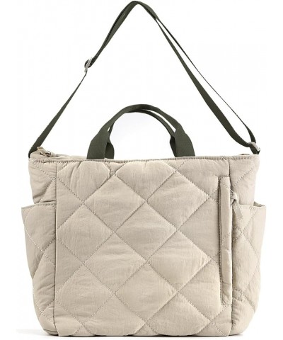 Quilted Tote Bag for Women Puffer Hobo Handbag Lightweight Quilted Padding Shoulder Bag Nylon Padded Crossbody Bag A05-beige-...