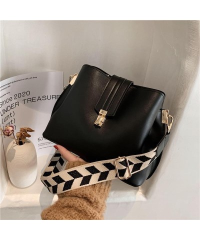 Women's bag Street large capacity solid color bucket bag Women's shoulder bag Black $29.66 Shoulder Bags