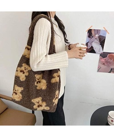 Plush Shoulder Handbag Cute Bear fluffy Tote Handbag Large faux Lamb Wool Shopping Bag Brown $12.59 Totes