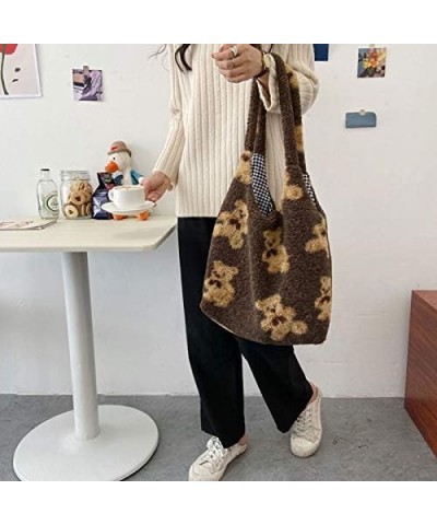 Plush Shoulder Handbag Cute Bear fluffy Tote Handbag Large faux Lamb Wool Shopping Bag Brown $12.59 Totes