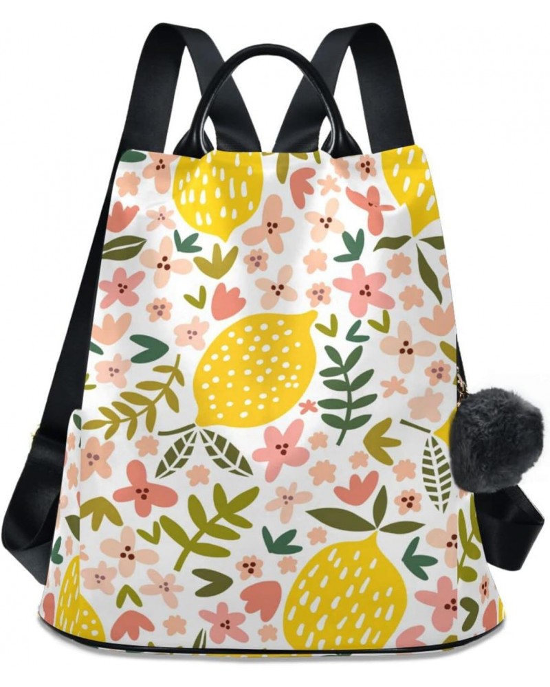 Cartoon Cute Lemons and Pink Flowers Floral Pattern Polyester Backpack Purse Travel Bag for Women Fashion Back Pack Shoulder ...