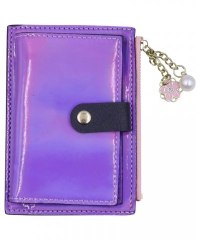 Women Bifold Leather Small Wallet Shiny Holographic Zipper Card Holder Coin Change Wallet Clutch Purse shiny-purple $8.47 Wal...