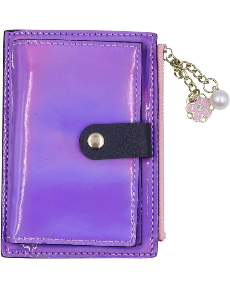 Women Bifold Leather Small Wallet Shiny Holographic Zipper Card Holder Coin Change Wallet Clutch Purse shiny-purple $8.47 Wal...