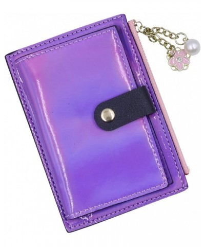 Women Bifold Leather Small Wallet Shiny Holographic Zipper Card Holder Coin Change Wallet Clutch Purse shiny-purple $8.47 Wal...