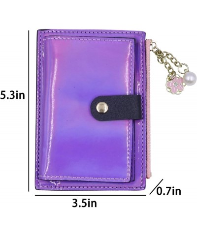 Women Bifold Leather Small Wallet Shiny Holographic Zipper Card Holder Coin Change Wallet Clutch Purse shiny-purple $8.47 Wal...