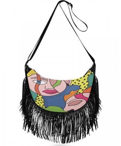 Tassel Medium Leather Purses for Women Unique Abstract Portraits Colorful Fringe Crossbody Bags for Women With Wallet Medium ...