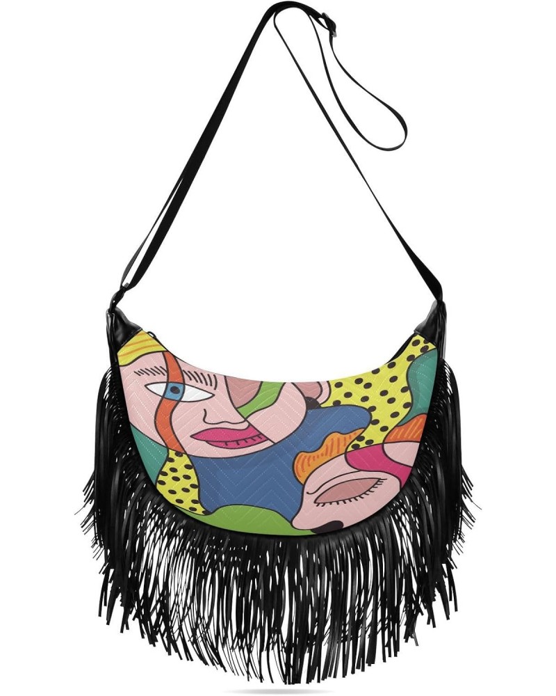 Tassel Medium Leather Purses for Women Unique Abstract Portraits Colorful Fringe Crossbody Bags for Women With Wallet Medium ...