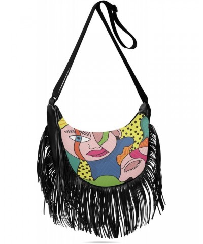 Tassel Medium Leather Purses for Women Unique Abstract Portraits Colorful Fringe Crossbody Bags for Women With Wallet Medium ...