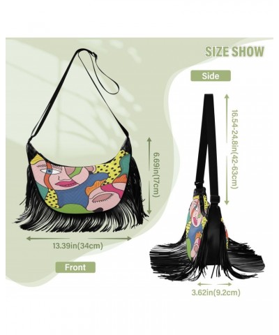 Tassel Medium Leather Purses for Women Unique Abstract Portraits Colorful Fringe Crossbody Bags for Women With Wallet Medium ...