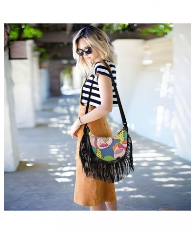 Tassel Medium Leather Purses for Women Unique Abstract Portraits Colorful Fringe Crossbody Bags for Women With Wallet Medium ...