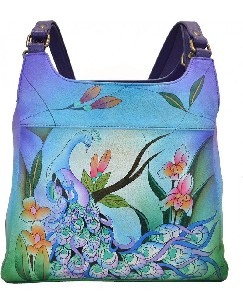 Hand-Painted Original Artwork, Genuine Leather - Triple Compartment Satchel Midnight Peacock $48.44 Hobo Bags