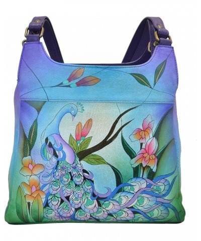 Hand-Painted Original Artwork, Genuine Leather - Triple Compartment Satchel Midnight Peacock $48.44 Hobo Bags