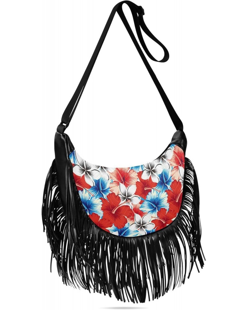 Red Blue Hibiscus Flowers Fringe Bag for Women Cross Body Bag Tassel Shoulder Bag Satchel $14.84 Crossbody Bags