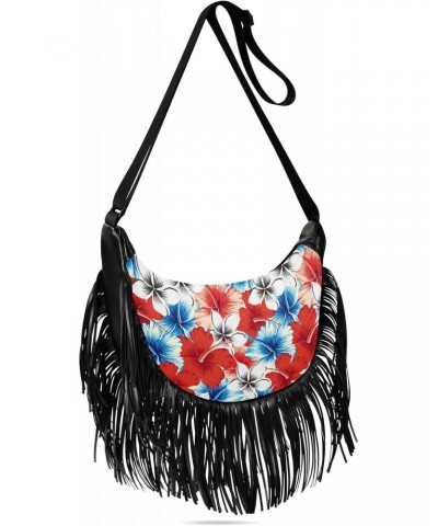 Red Blue Hibiscus Flowers Fringe Bag for Women Cross Body Bag Tassel Shoulder Bag Satchel $14.84 Crossbody Bags