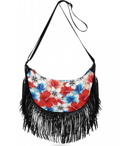 Red Blue Hibiscus Flowers Fringe Bag for Women Cross Body Bag Tassel Shoulder Bag Satchel $14.84 Crossbody Bags