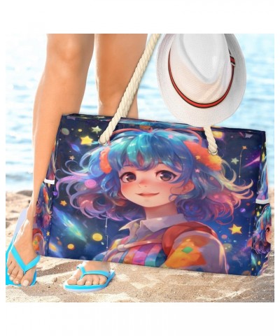 Cartoon Galaxy Girl Beach Bags for Women Large Tote Bag with Zipper and Pockets Waterproof Sandproof Accessories Swim Pool Ba...