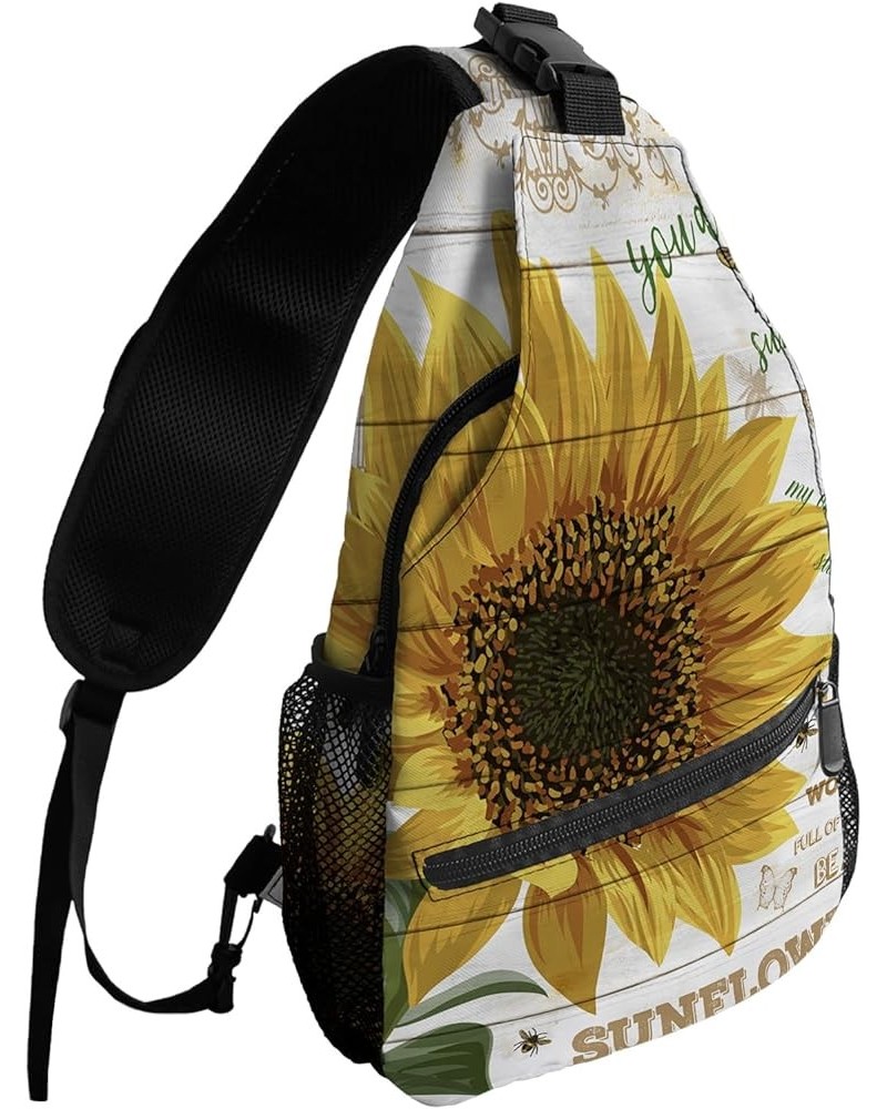 Sling Bag Crossbody Bag for Women Men Sunflower Honey Bee and Butterfly on Wooden Board Waterproof Hiking Backpack Lightweigh...