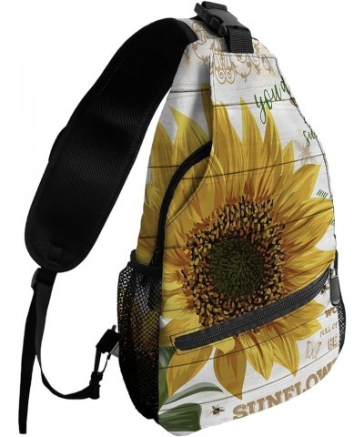 Sling Bag Crossbody Bag for Women Men Sunflower Honey Bee and Butterfly on Wooden Board Waterproof Hiking Backpack Lightweigh...