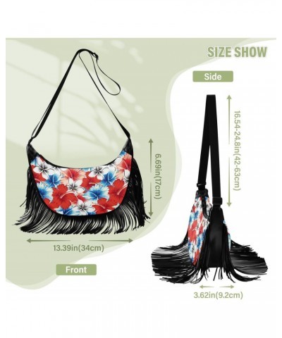 Red Blue Hibiscus Flowers Fringe Bag for Women Cross Body Bag Tassel Shoulder Bag Satchel $14.84 Crossbody Bags