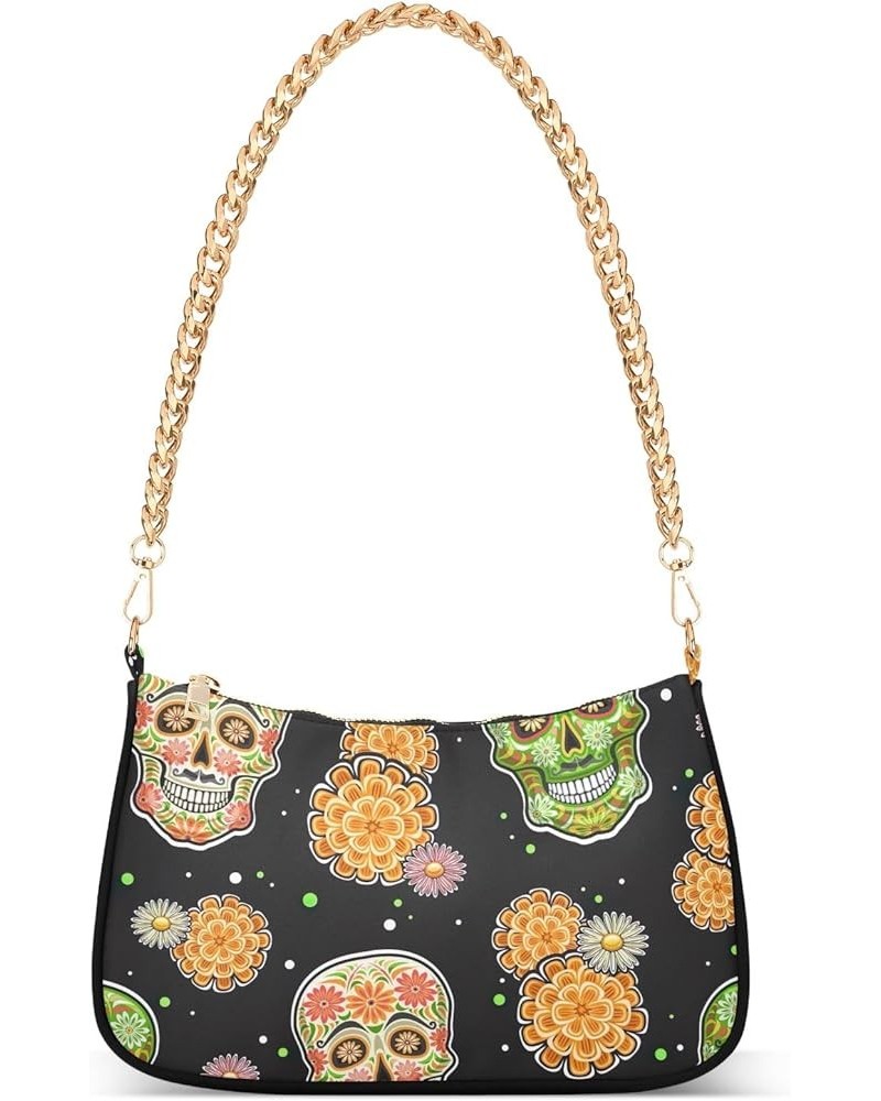 Turquoise Mermaid Going out Purse with Chain Shoulder Bag with Zipper Day Dead Dia De Los Muertos Black $14.57 Shoulder Bags