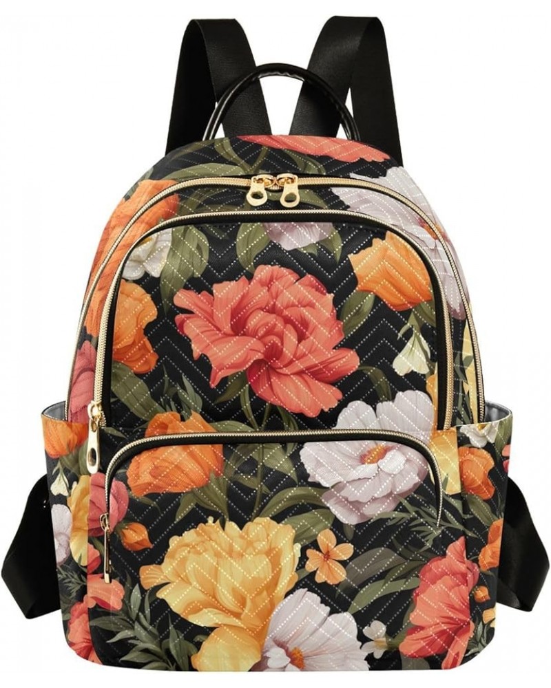 Floral Pink Roses and Leaves on Black Fashion Backpacks, Lightweight Backpack, Backpacks for Women, M Orange and Pink Flowers...