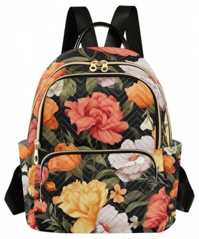 Floral Pink Roses and Leaves on Black Fashion Backpacks, Lightweight Backpack, Backpacks for Women, M Orange and Pink Flowers...