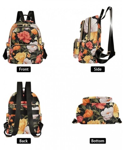 Floral Pink Roses and Leaves on Black Fashion Backpacks, Lightweight Backpack, Backpacks for Women, M Orange and Pink Flowers...