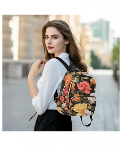 Floral Pink Roses and Leaves on Black Fashion Backpacks, Lightweight Backpack, Backpacks for Women, M Orange and Pink Flowers...