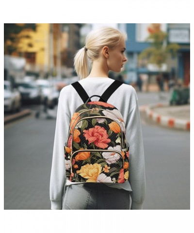 Floral Pink Roses and Leaves on Black Fashion Backpacks, Lightweight Backpack, Backpacks for Women, M Orange and Pink Flowers...