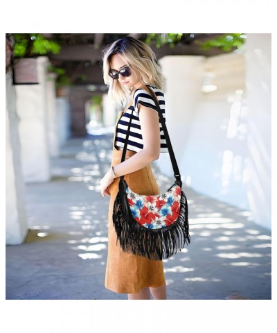 Red Blue Hibiscus Flowers Fringe Bag for Women Cross Body Bag Tassel Shoulder Bag Satchel $14.84 Crossbody Bags