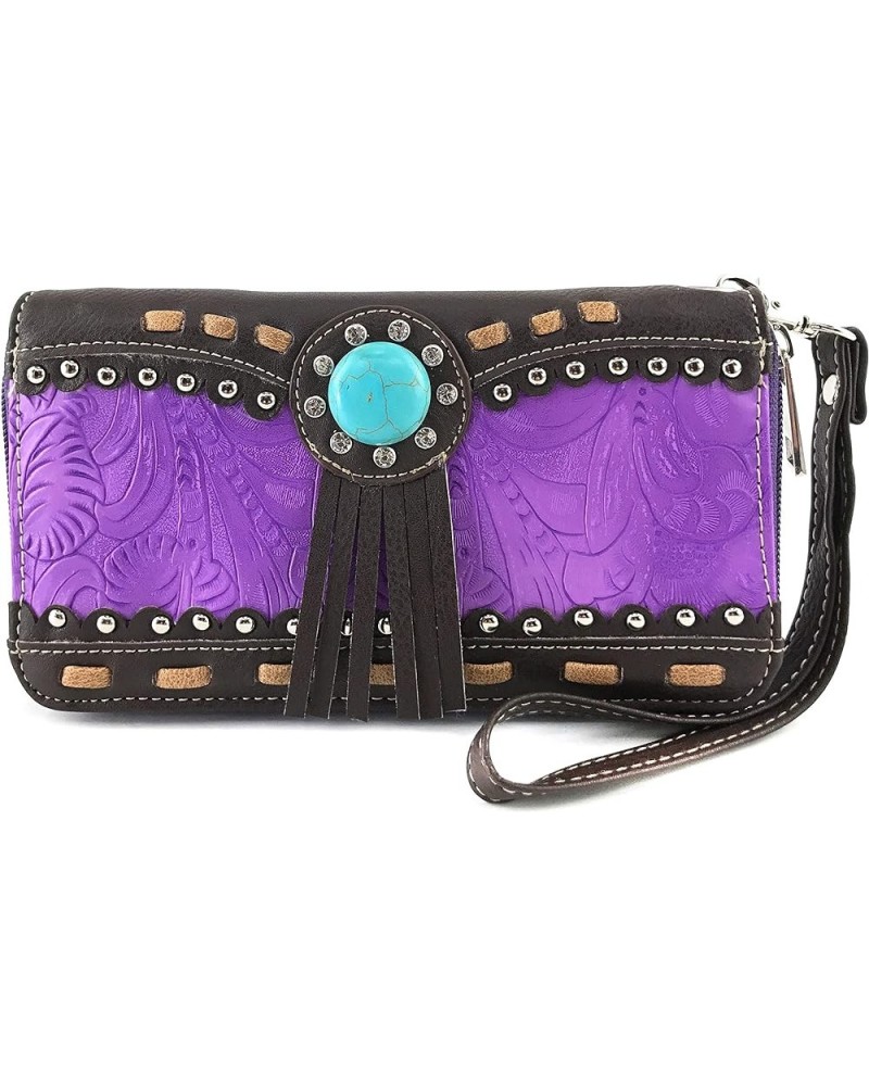 Turquoise Concho Western Floral Women Wrist Handle Bifold Zipper Wallet Purple $9.99 Wallets