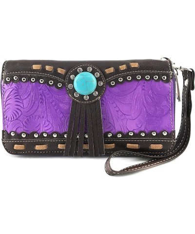 Turquoise Concho Western Floral Women Wrist Handle Bifold Zipper Wallet Purple $9.99 Wallets