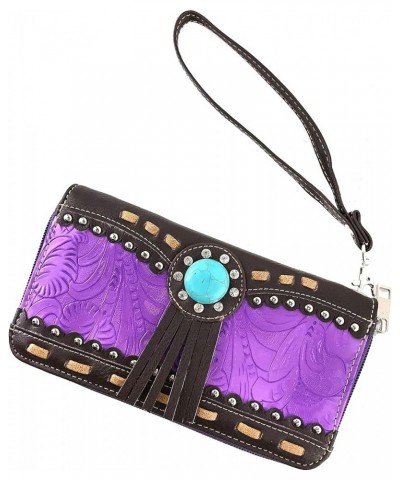 Turquoise Concho Western Floral Women Wrist Handle Bifold Zipper Wallet Purple $9.99 Wallets