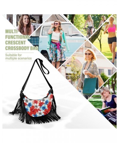 Red Blue Hibiscus Flowers Fringe Bag for Women Cross Body Bag Tassel Shoulder Bag Satchel $14.84 Crossbody Bags