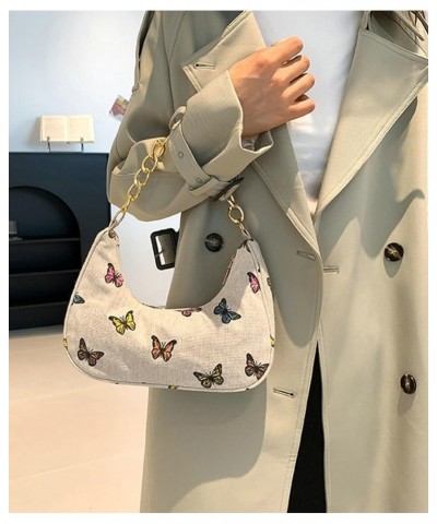 Cute Printed Shoulder Bag for Women Crescent Tote Bag Casual Small Purse Hobo Handbag with Pearl Chain Strap Pearl-butterfly ...