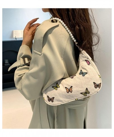 Cute Printed Shoulder Bag for Women Crescent Tote Bag Casual Small Purse Hobo Handbag with Pearl Chain Strap Pearl-butterfly ...