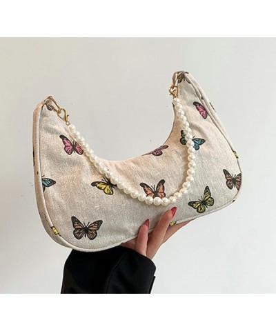 Cute Printed Shoulder Bag for Women Crescent Tote Bag Casual Small Purse Hobo Handbag with Pearl Chain Strap Pearl-butterfly ...