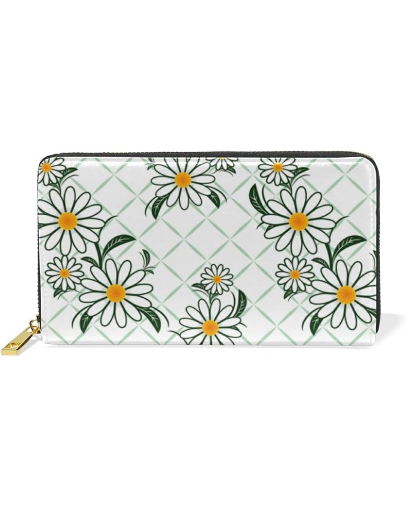 Chamomiles White Flowers with Leaves on Checker Plaid Women Leather Zipper Long Wallet, Coin Clutch Pouch Pocket Key CardLarg...