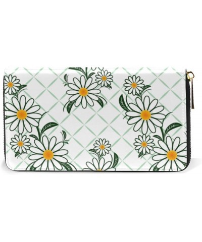 Chamomiles White Flowers with Leaves on Checker Plaid Women Leather Zipper Long Wallet, Coin Clutch Pouch Pocket Key CardLarg...