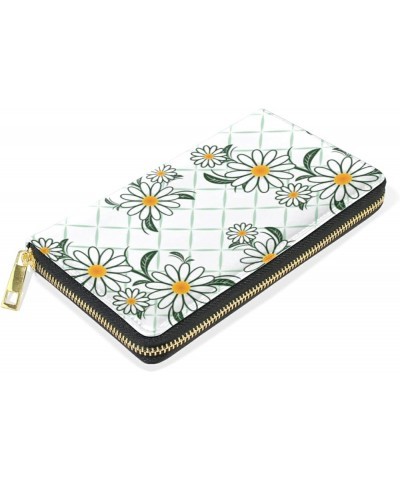 Chamomiles White Flowers with Leaves on Checker Plaid Women Leather Zipper Long Wallet, Coin Clutch Pouch Pocket Key CardLarg...