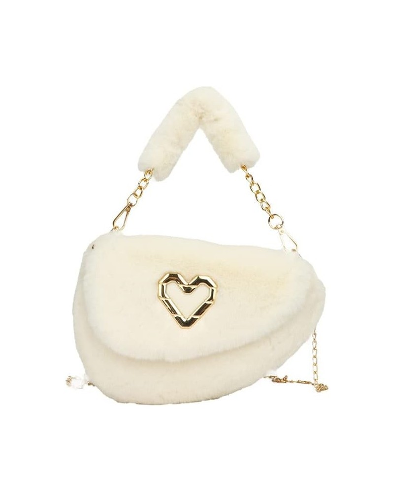 Fashion Plush Crossbody Bag For Women, Saddle Purse Wallet, Faux Fur Soft Handbag for Winter, Lovely Heart Shoulder Chain Bag...