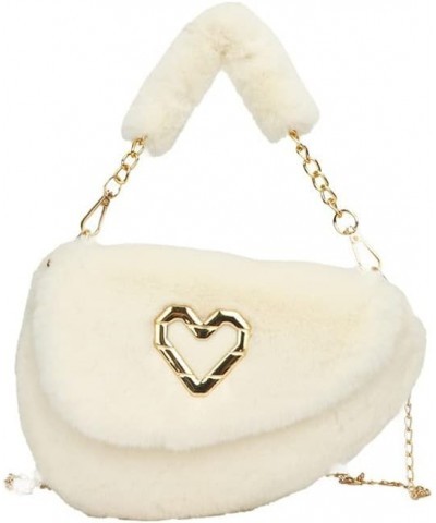 Fashion Plush Crossbody Bag For Women, Saddle Purse Wallet, Faux Fur Soft Handbag for Winter, Lovely Heart Shoulder Chain Bag...