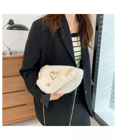 Fashion Plush Crossbody Bag For Women, Saddle Purse Wallet, Faux Fur Soft Handbag for Winter, Lovely Heart Shoulder Chain Bag...