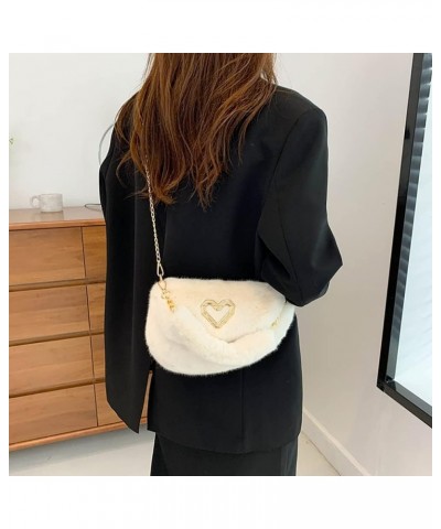 Fashion Plush Crossbody Bag For Women, Saddle Purse Wallet, Faux Fur Soft Handbag for Winter, Lovely Heart Shoulder Chain Bag...