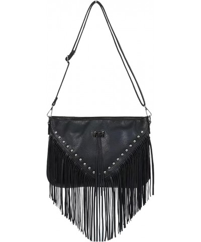 Casual Rivets Fringed Shoulder Handbag for Women,Soft Vegan Leather Hippie Crossbody Purse Bag Hobo Bag A-black $17.57 Crossb...