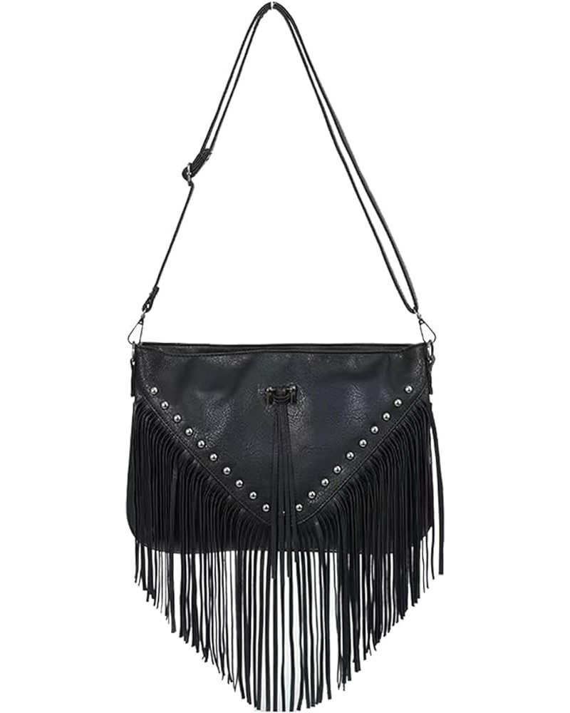 Casual Rivets Fringed Shoulder Handbag for Women,Soft Vegan Leather Hippie Crossbody Purse Bag Hobo Bag A-black $17.57 Crossb...