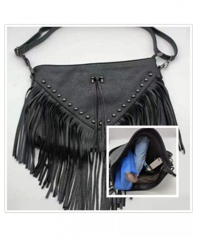 Casual Rivets Fringed Shoulder Handbag for Women,Soft Vegan Leather Hippie Crossbody Purse Bag Hobo Bag A-black $17.57 Crossb...